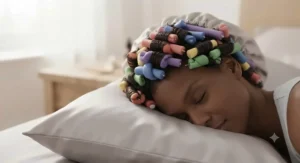 Person wearing comfortable bendable flexi rods overnight for easy morning curls