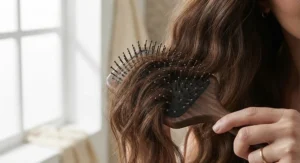 Close-up of a sturdy paddle brush gliding through thick, textured hair to reduce breakage.