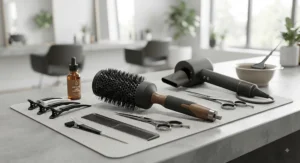 A collection of professional hairdressing tools featuring a premium round brush for volume