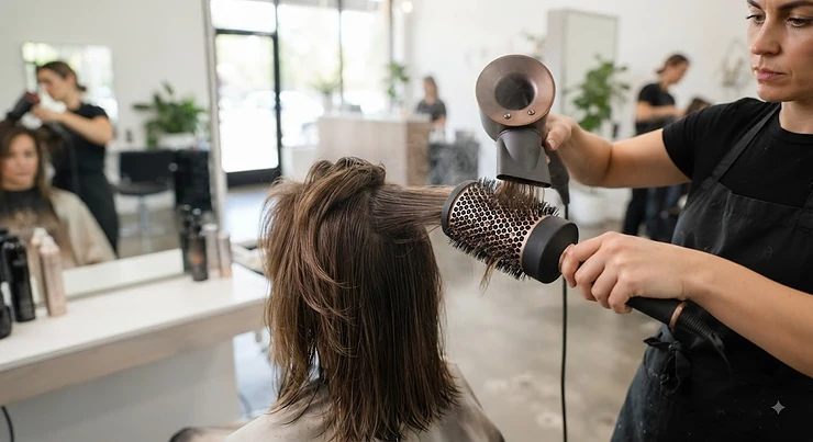 A professional round brush for volume used to style damp hair during a salon blow dry