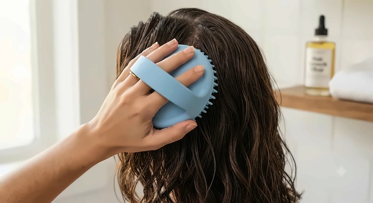 A handheld silicone scalp massage brush designed to stimulate hair growth.
