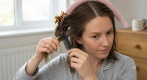 Step-by-step tutorial showing how to section damp hair for heatless curls