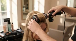 Hands holding a hot air brush styling the crown section of blonde hair in a step-by-step routine