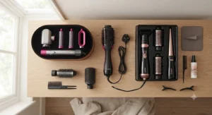Flat lay of top-rated hot air stylers and barrel attachments arranged neatly on a dressing table