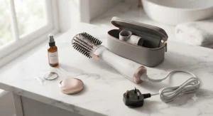 Compact travel-friendly hot air brush featuring a standard UK three-pin plug pack on a marble surface