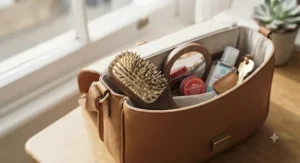 Compact pocket-sized hair brush for fine hair tucked into a stylish leather handbag