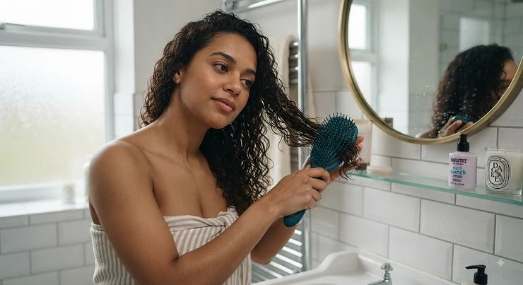 A high-quality wet brush for curly hair being used to gently detangle damp locks in a UK bathroom.