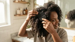A person using an afro comb for 4c hair during a relaxing Sunday wash day routine in a bright London flat.