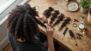 Preparing for protective styling by using an afro comb for 4c hair to section neat parts.