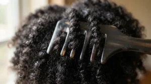 A close-up shot of a wide tooth afro comb for 4c hair gliding through dense coily textures.