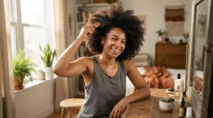 Achieving round shape and height with an afro pick for natural hair in a sunny bedroom