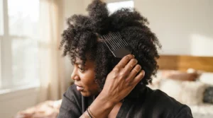A person styling their afro pick for natural hair to boost crown volume in a bright London flat