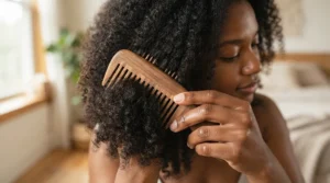 Close-up of an anti-static wooden wide tooth comb gliding smoothly through wavy hair to prevent flyaways.