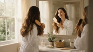 A person smoothing their hair with a traditional boar bristle brush to distribute natural oils evenly.