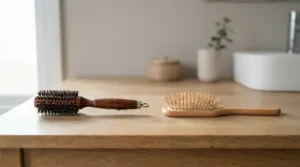 Close-up comparison of a natural boar bristle hairbrush alongside a synthetic bristle hairbrush on a wooden dressing table.