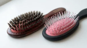 Close-up detail shot of flexible plastic bristles versus cushioned paddle brush pins