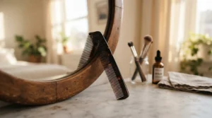 Heat-resistant carbon teasing comb for backcombing placed on a dressing table mirror edge
