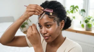 Applying edge control gel with a precision comb for wig application during a morning hair routine.