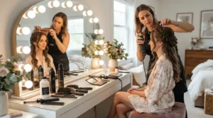 Adding the final styling touches with a comb for wig application in a brightly lit dressing room.