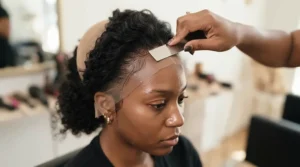Securing the lace front using a specialised comb for wig application during a professional installation.