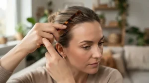 A detailed shot of a comb for wig application creating a clean parting on a straight hair unit.