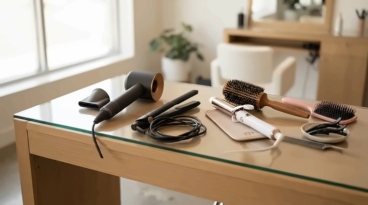 A professional stylist reaching for a comb for wig application on a well-organised salon workstation.