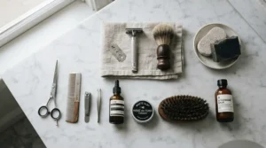 A flat lay arrangement of different grooming tools showcasing natural versus manmade hairbrush bristles.