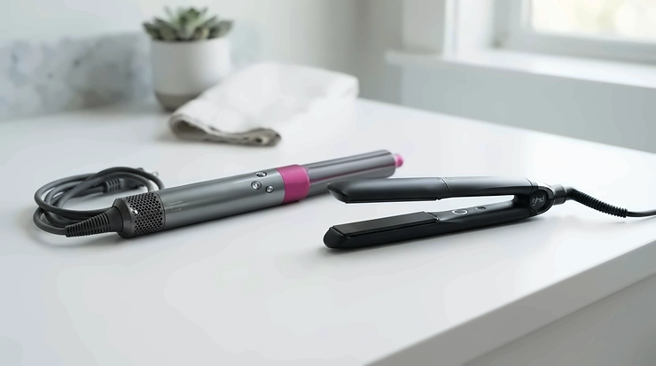 A sleek detangling brush compared alongside a wide paddle tool on a dressing table, detangling brush vs paddle brush