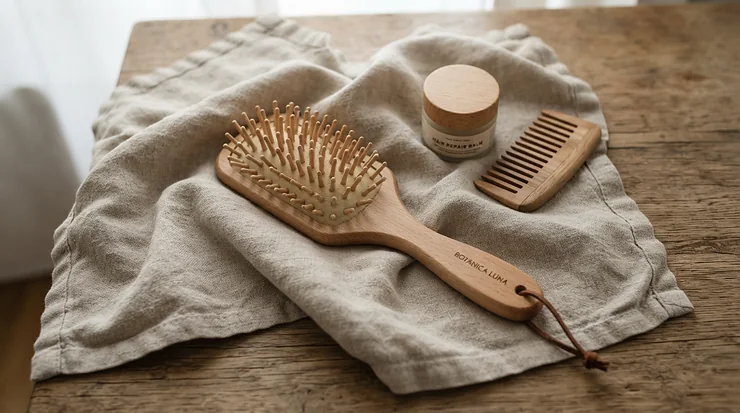 An eco-friendly wooden wide tooth comb crafted from sustainable materials displayed on a linen towel.