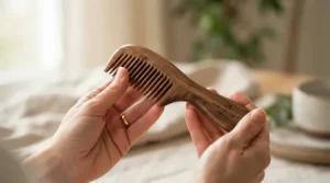 An ergonomic wooden wide tooth comb being held in hand, showcasing its smooth finish for daily haircare.