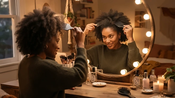 Refreshed evening look styled with an afro pick for natural hair under warm vanity lights