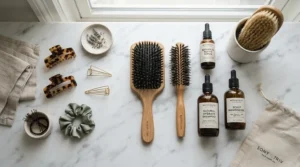 Flat lay arrangement of various hair care items including detangling and paddle brushes