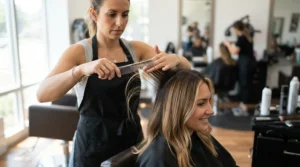 Stylist using a teasing comb for backcombing to create volume in a client's blonde hair