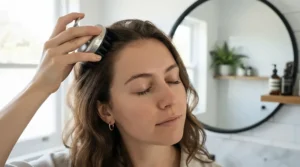A person using a handheld scalp massager under £15 during a relaxing morning bathroom routine