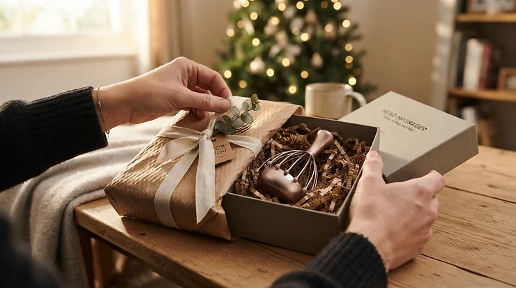 Gifting a budget grooming tool such as a handheld scalp massager under £15 in a gift box