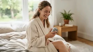 Practising self-care with a handheld scalp massager under £15 wrapped in a cosy dressing gown