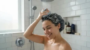 Using a cheap handheld scalp massager under £15 for hair washing in a tiled shower
