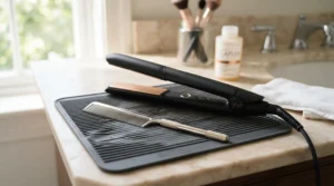A heat resistant metal tail comb placed on a salon station next to hair straighteners