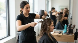 Using a heat resistant metal tail comb while blow-drying hair in a British hair studio