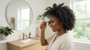 Using a metal afro pick for natural hair during a wash day routine in a modern bathroom