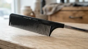 Close-up shot of a teasing comb for backcombing featuring a fine metal tail and close teeth