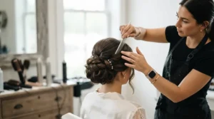 Smoothing flyaways into a sleek updo using a fine-toothed metal tail comb