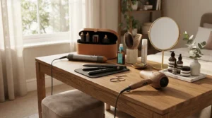 Morning haircare routine featuring both detangling and paddle brushes on a vanity table