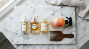 Essential tools including an afro pick for natural hair laid out on a marble vanity