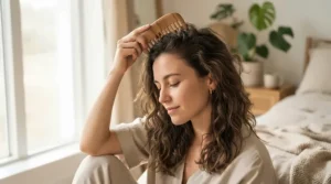 A person using a natural wooden wide tooth comb to gently massage their scalp for relaxation.