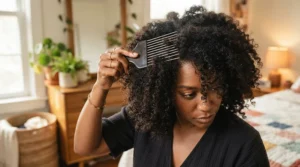Detailed view of an afro pick for natural hair defining coiled ends before heading out