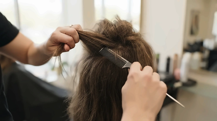 Backcombing hair for extra volume using a traditional metal tail comb