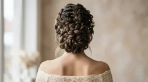Detailed view of a retro voluminous updo styled using a teasing comb for backcombing