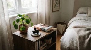 Minimalist setup showing a scalp massager for hair growth on a wooden bedside table with a book