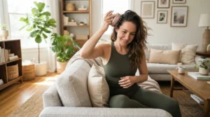 Fitness enthusiast using a scalp massager for hair growth after a gym workout in a modern apartment